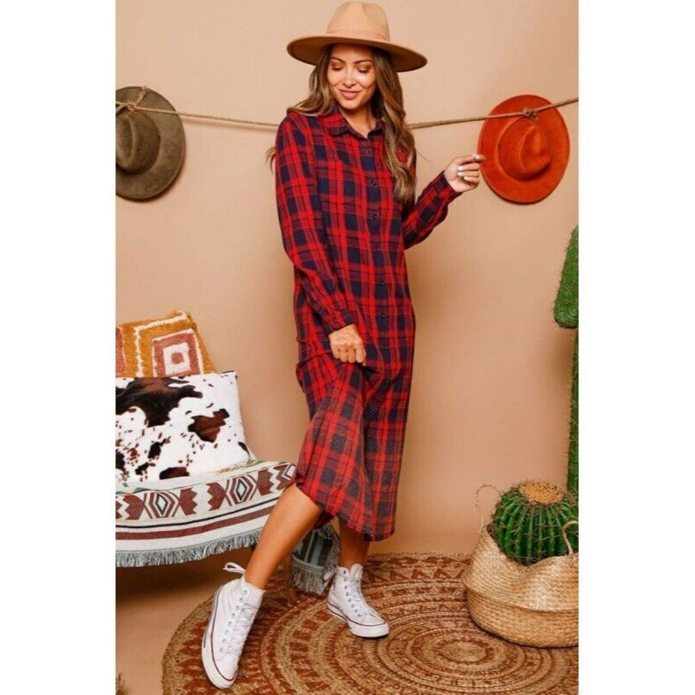 Fantastic Fawn Buffalo Plaid Red and Navy Check Button Up Dress S-L IFD22498-01